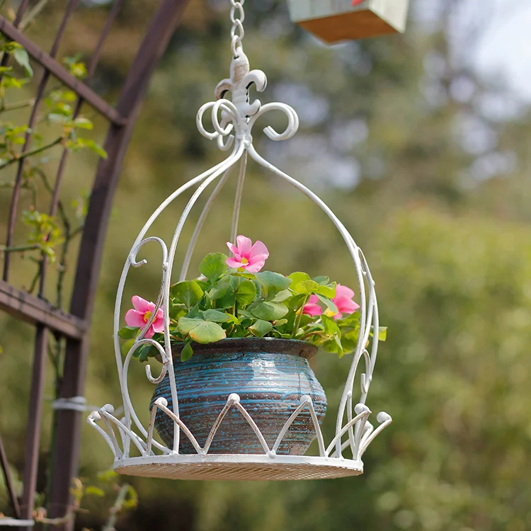 Indoor Outdoor Garden Metal Flower Planter Hanging Basket w/ Wall Mounted Scrollwork Design Hooks