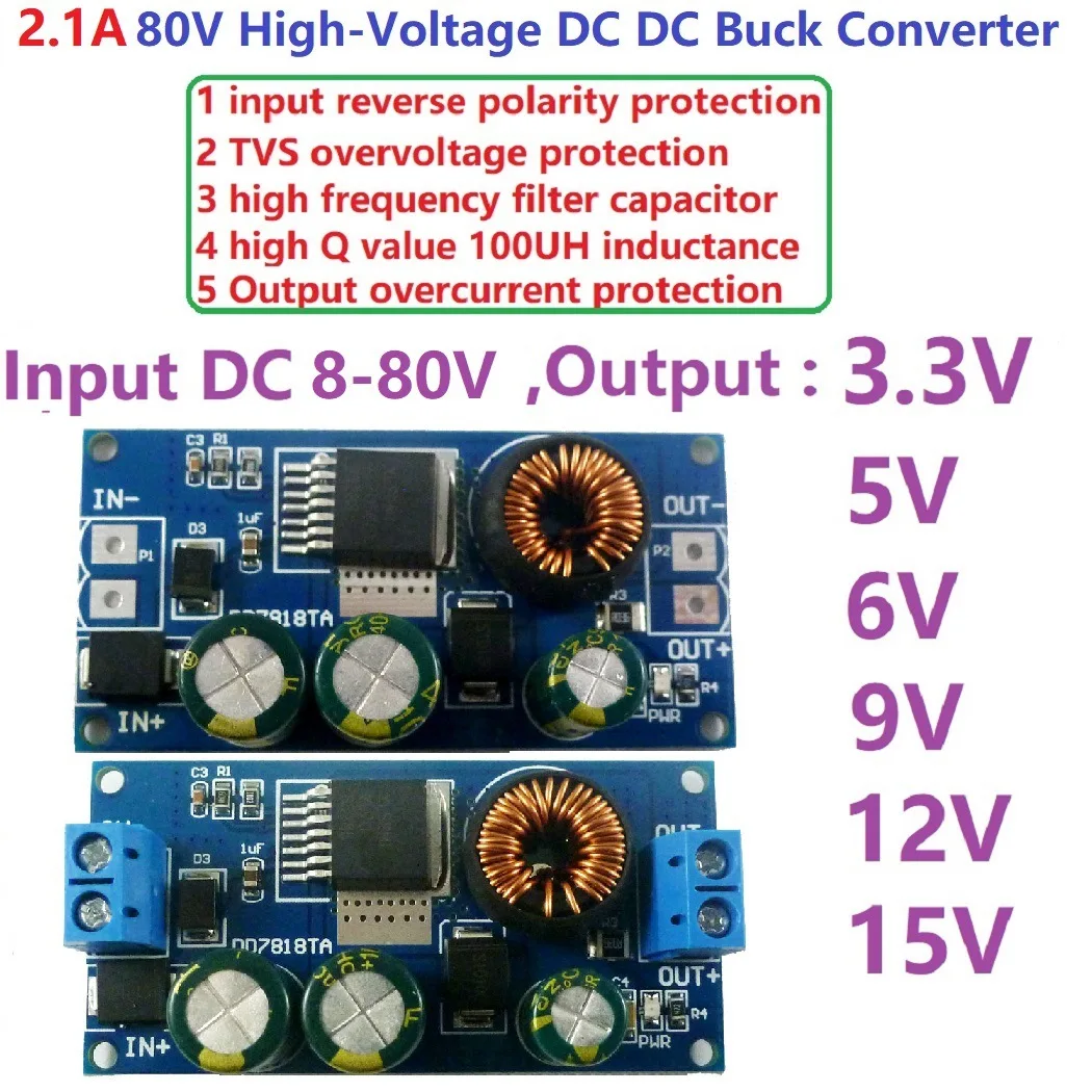 2A DC 80V 72V 64V 48V 36V 24V to 15V 12V 9V 6V 5V HV Buck DC-DC Converter Module Power Supply Board replace LM2596HV LDO