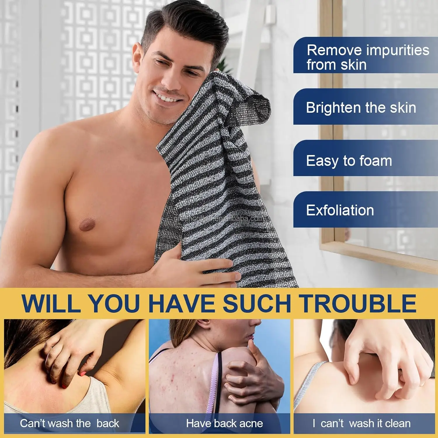 Custom Logo Exfoliating Washcloth Face Body Scrub Towel Japanese Exfoliating Towel Body Scrubber 2 Sides for Scrubbing Washing