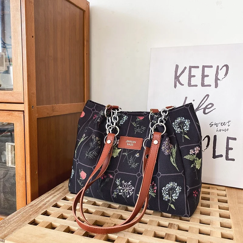 Bestseller Korean Retro Full Floral Print Large Capacity Pu Chains Strap Canvas Messenger Shoulder Handbag Women Tote Bag