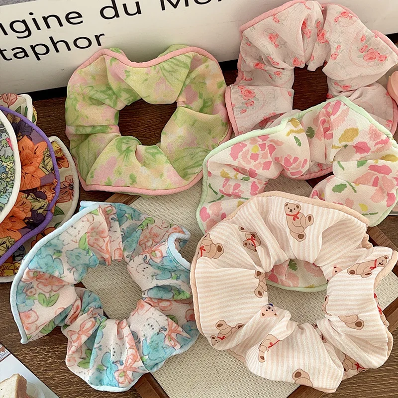 Popular girls  floral elastic rubber hairband princess sweet hair ties  ponytail holder Girls elegant flower hair scrunchies