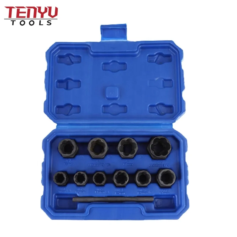 11pcs Twist Socket Set 9-19mm Damaged Screw Nut Extractor Tool with a Punch Rod Set