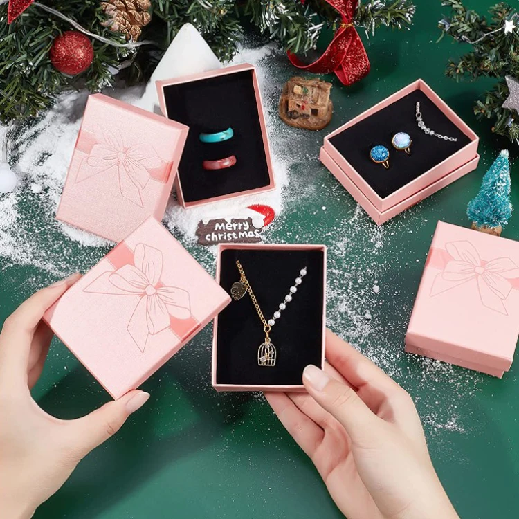 Pink Rectangle Cardboard Jewelry Gift Box Packaging Small Kraft Box for Jewelry Set with Sponge Liner Cushion