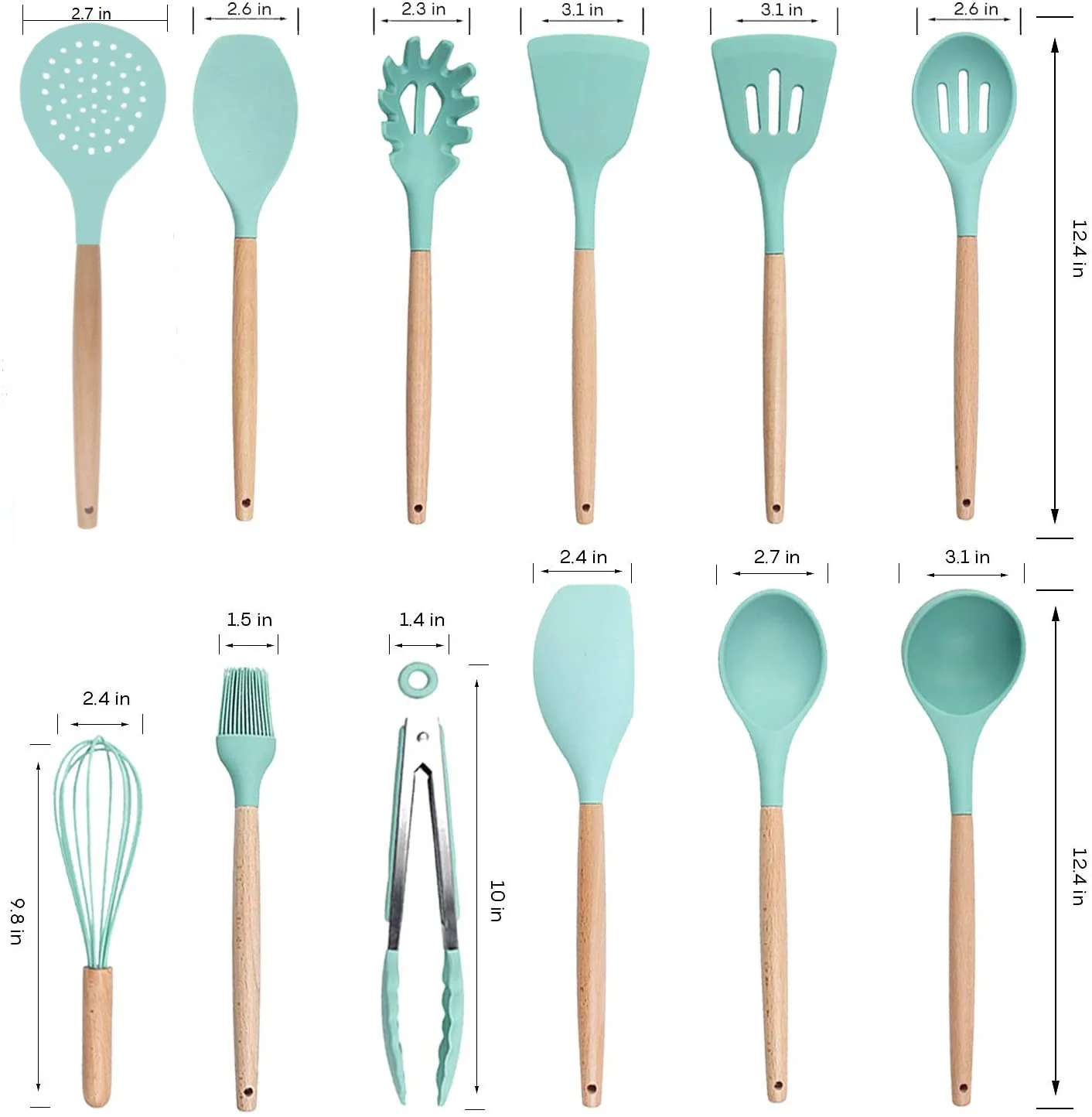 Reusable Adaptive Silicon Cooking Skimmer Stainless Steel Wood Tools Camping 12 Pcs Silicone Kitchen Utensil Set