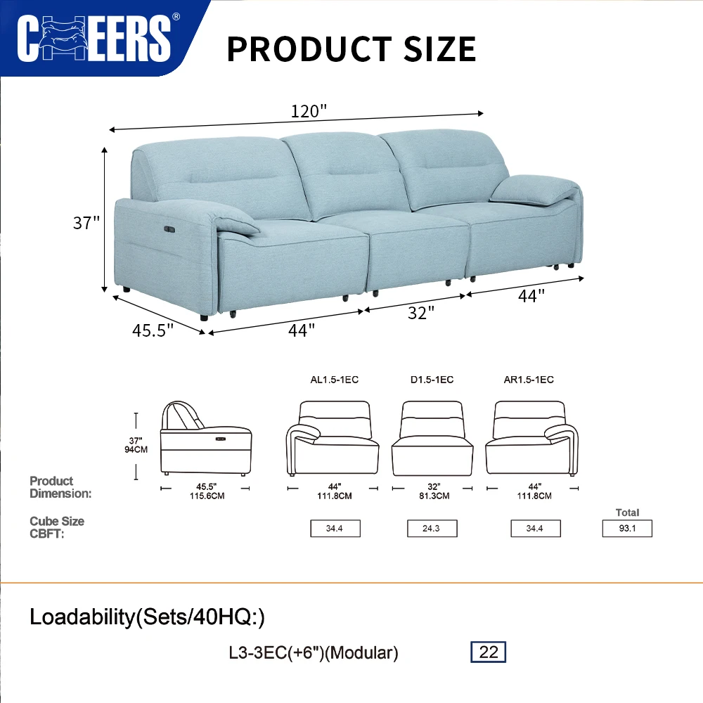 Manwah Cheers Knitted Fabric New Design Multi-functional 3 Seat Living Room Electric Sofa Bed
