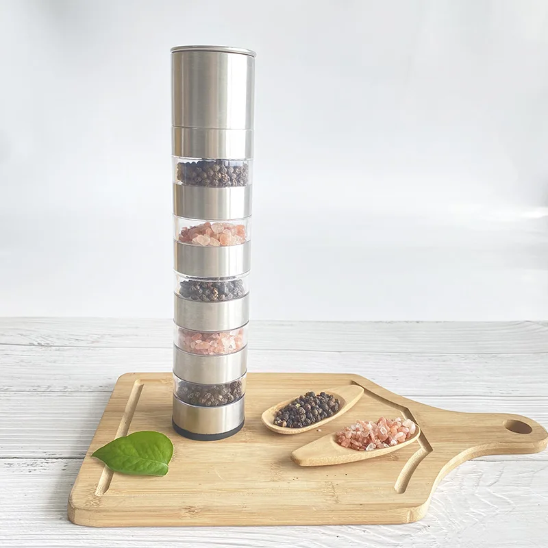Salt and Pepper Combo Mill Silver Clear 5 in 1 Manual SS Pepper Mill  with Transparent Spice Chambers