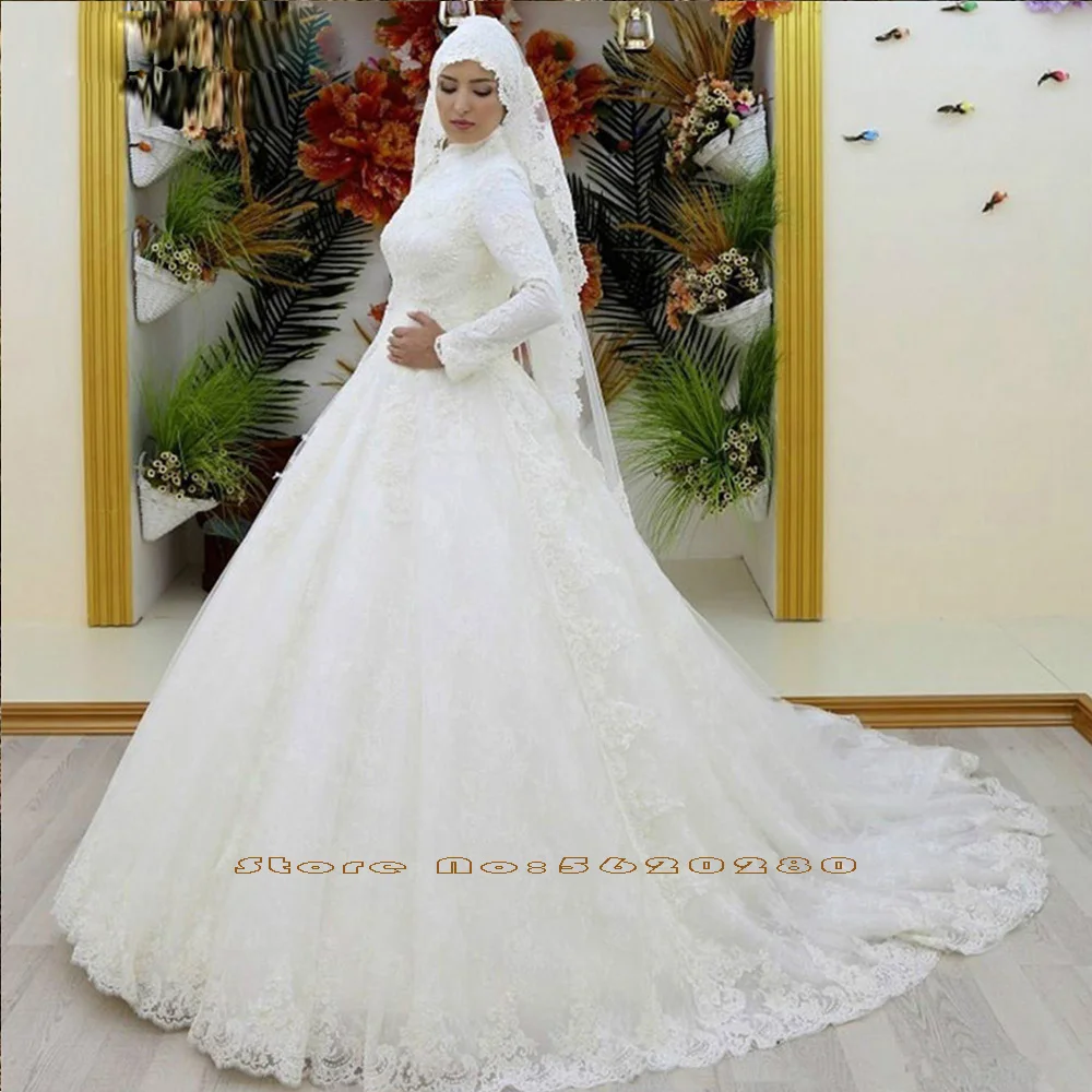 Appliques Lace Muslim Ball Gown Wedding Dresses With Picture Veil High Neck Long Sleeve Lace Up Wedding Gowns Plus Size
