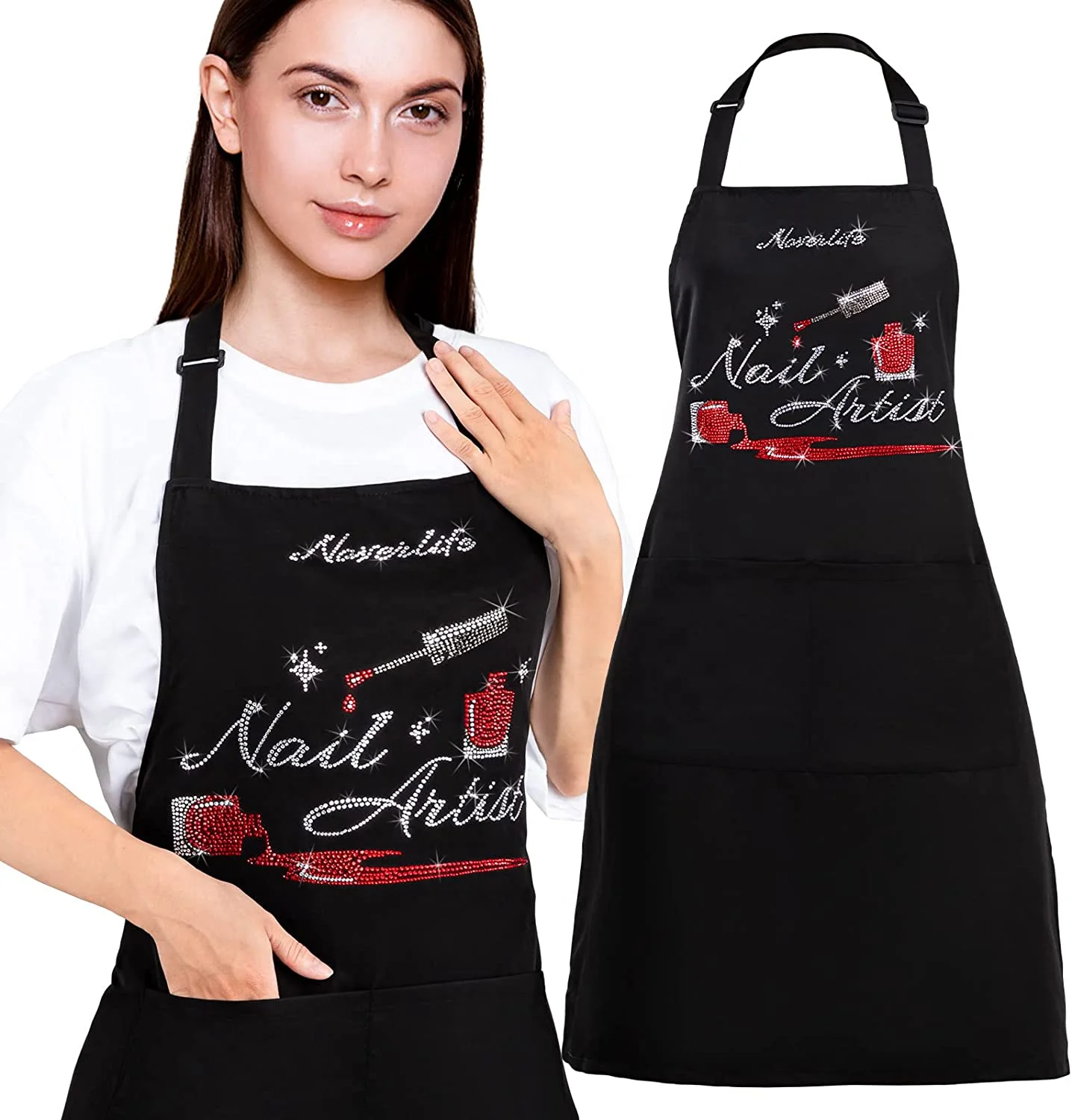 Personalised  with rhinestones Protective Aprons Nail Technician Manicure custom Unisex Apron 2 Pockets Adjustable Manicurist