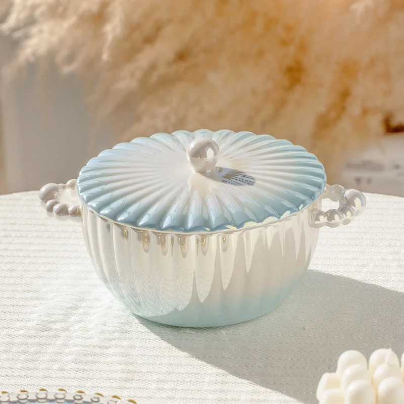 HY Pearl Ceramic Soup Bowl Instant Noodle Bowl with Lid Single Double Ear Delicate Ramen Bowl