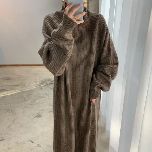 Long Sleeve Knitted Dress Korean Chic Autumn Winter High Neck Dress Female Ribbing Loose Casual Solid Color Sweater Dress