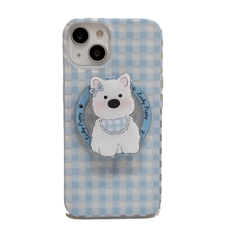 ins Grid Puppy Magnetic Stand Holder IMD Protective Shockproof Mobile Phone Accessories Cover Case For iPhone 12 13 14 15 Pro