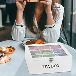 Modern 9 Compartment Wooden Tea Bag Holder Container Tea Caddy Box Organizer with Glass Cover for Display