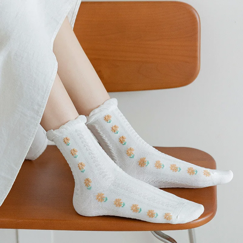 Kawaii Socks Korean Style Spring Floral Sweet Girl Ladies Flower Cute Korea Womens Cotton Socks