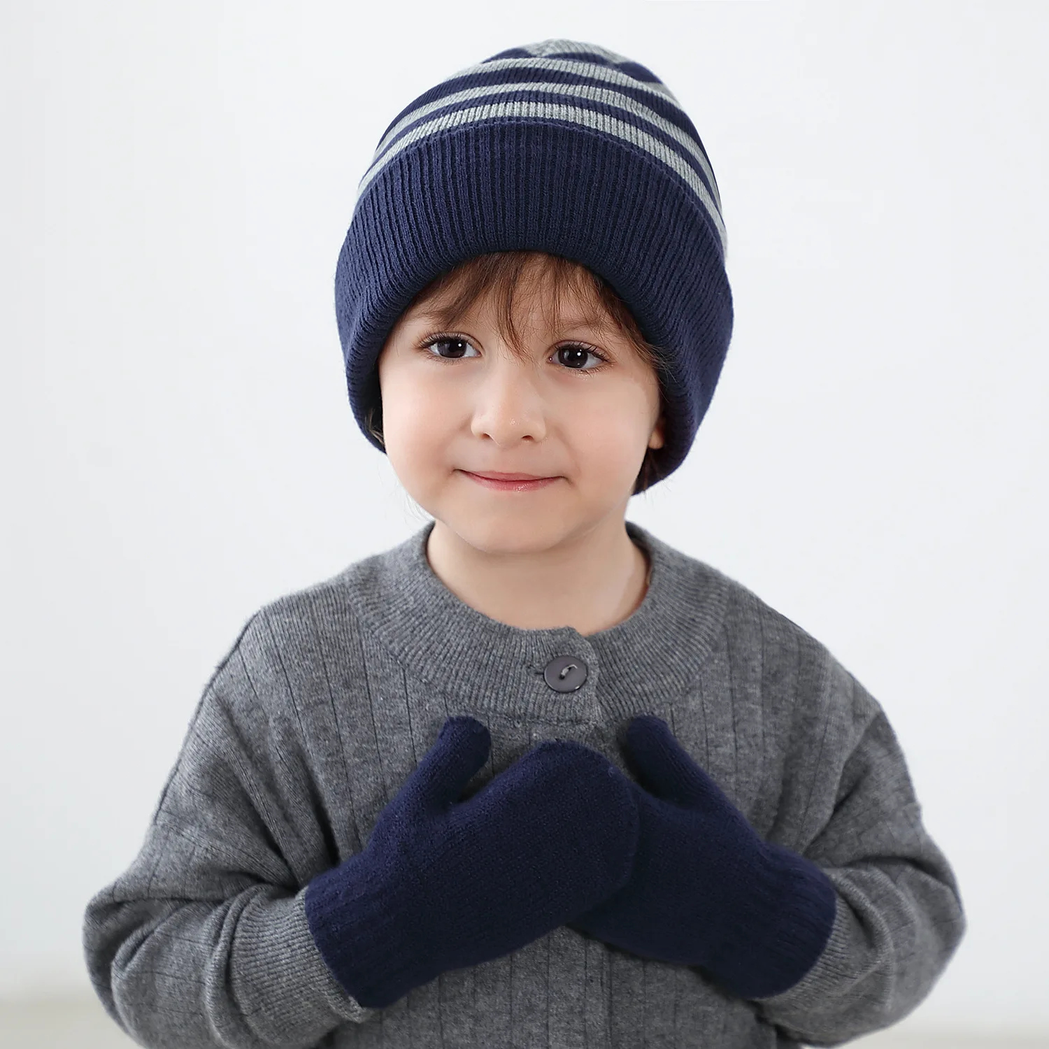 Custom Logo Package Wholesale Winter Children Stripe Knit Warm Beanie Hats Gloves Set for Baby Boys Girls