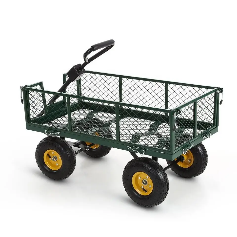 4 Wheel 990 Lbs Heavy Duty Steel Rolling Utility Wagon Yard Garden Dump Lawn Cart Flower Cargo Garden Wagon Beach Trolley