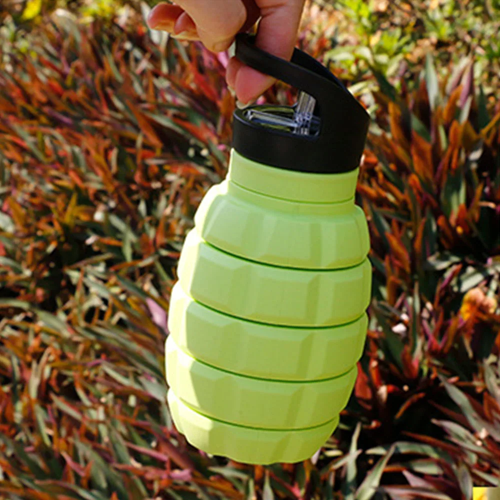 Wholesale 580ML Camouflage Silicone Water Bottle With Straw, Grenade Silicone Outdoors Foldable Sports Water Cup