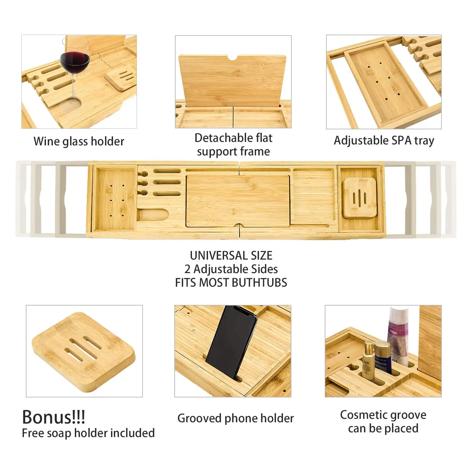 Free Sample Bathtub Caddy Tray Premium Bamboo with Extendable Sides Includes Book and Wine