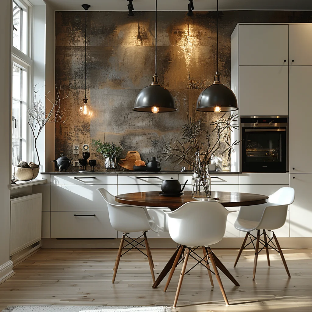 AI Creative Concept Design Nordic Kitchen Dining Room White And Wood Style Design 3D Rendering Service