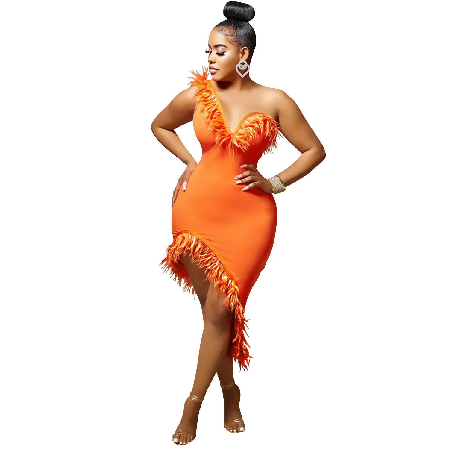 BH630   women fashion V neck sleeveless party dress with feathers