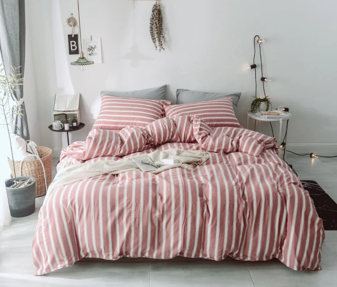 Crinkle cotton bedding settings bad sheet cotton bedding set solid stripe king queen size for baby  younger adult