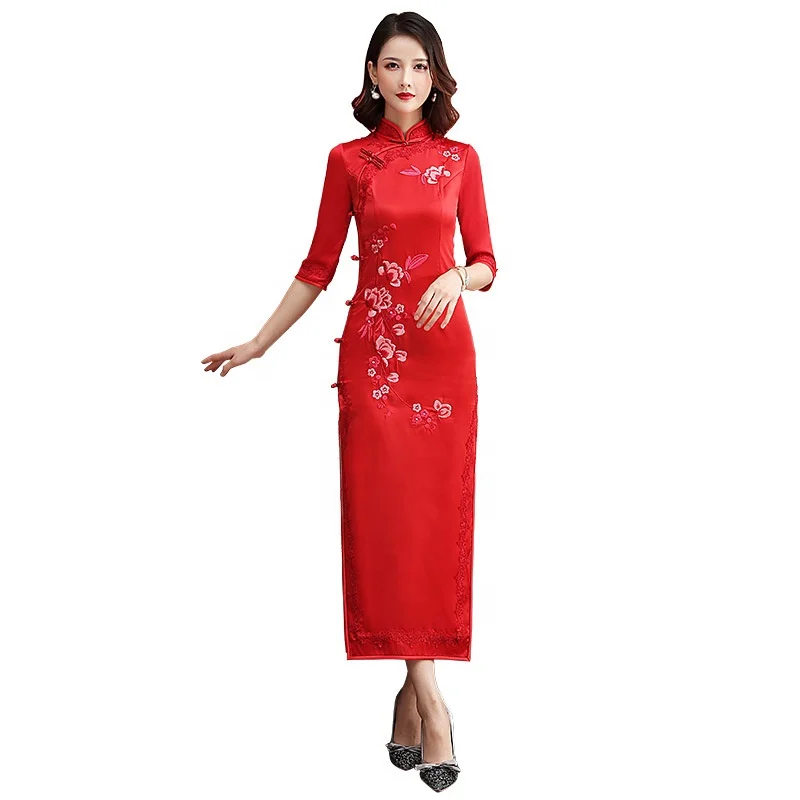 Оптовая продажа, длинное шелковое платье Ципао с полурукавами (62443500236)