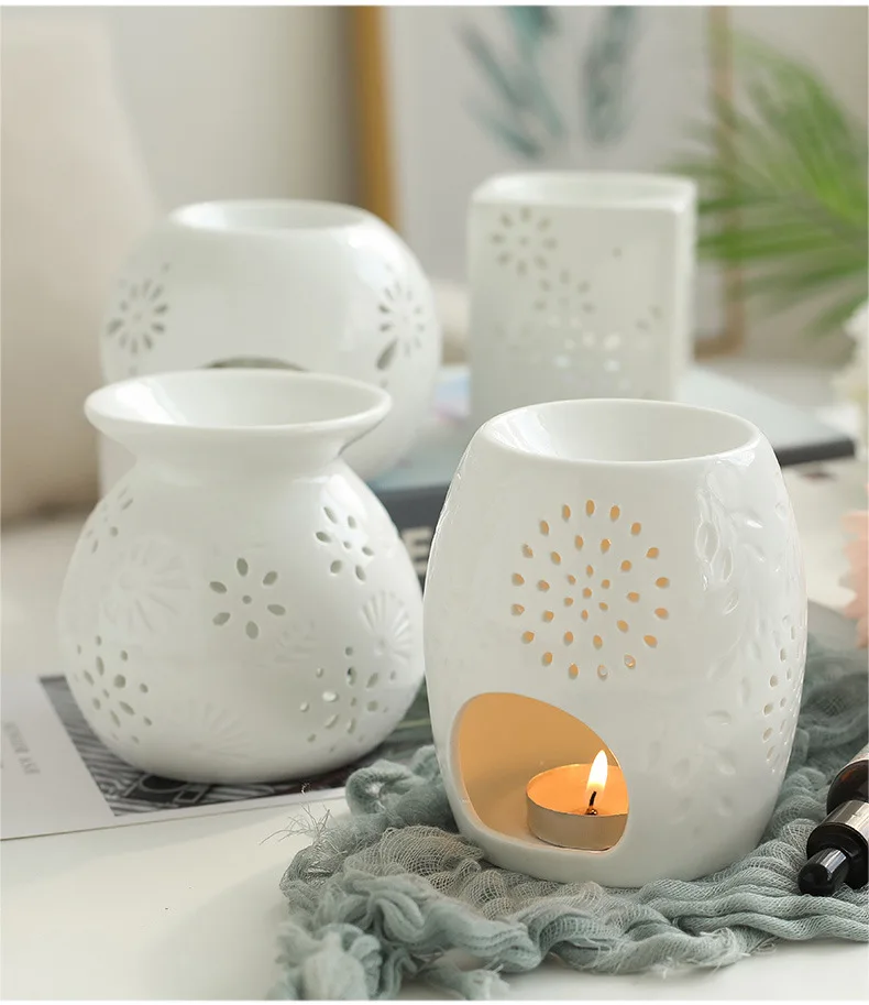 Wholesale design simple white ceramic essential oil candle burner wax melt warmer aromatherapy stove for wax melts