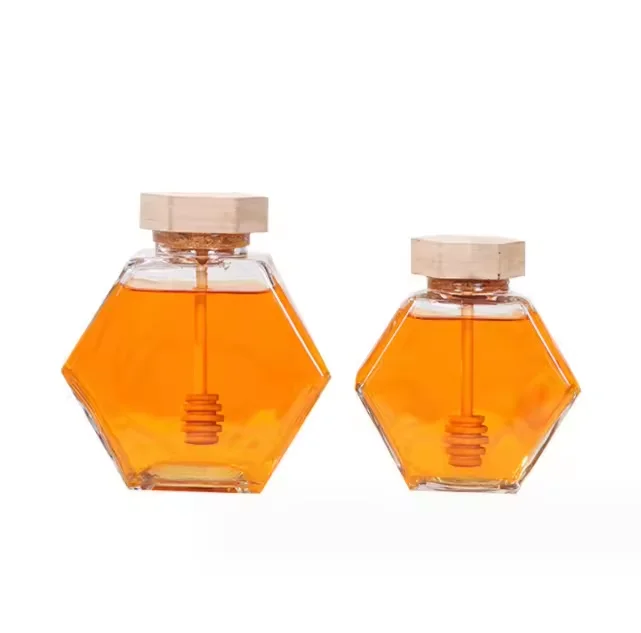 Hot Sale Transparent 100ml 220ml Hexagon Honey Glass Jar 380ml Glass Jars for Honey Storage Food Packaging With Wooden Lid