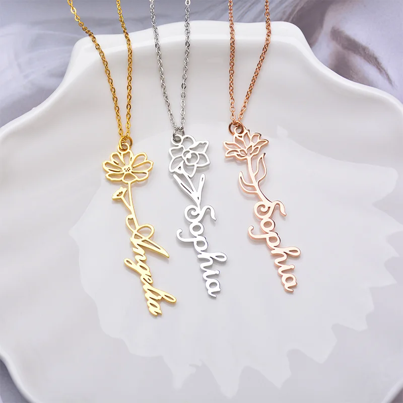 Customization 316L Stainless Steel Necklace 18K Gold Plated Name Necklace 12 Birth Flowers Necklace For Women