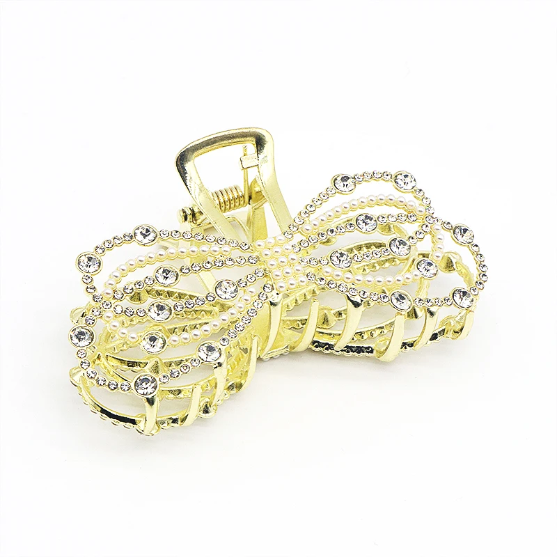 Ponytail Diamond Metal Alloy Rhinestone Pearl Fish Gold Metal Hair Claw Clips With Rhinestone