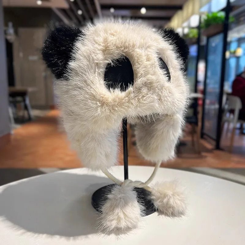 Factory Latest 2024 Hat Wholesale Cute Panda Sweet Cartoon Fluffy Pullover Ladies Hats For Women