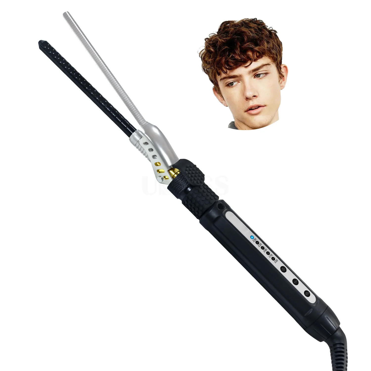 Men Short Hair Dual Voltage Ceramic 7mm Barrel Thin Wand Tinny Hair Curler LED 1/4 Inch Small Rotating Curling Iron