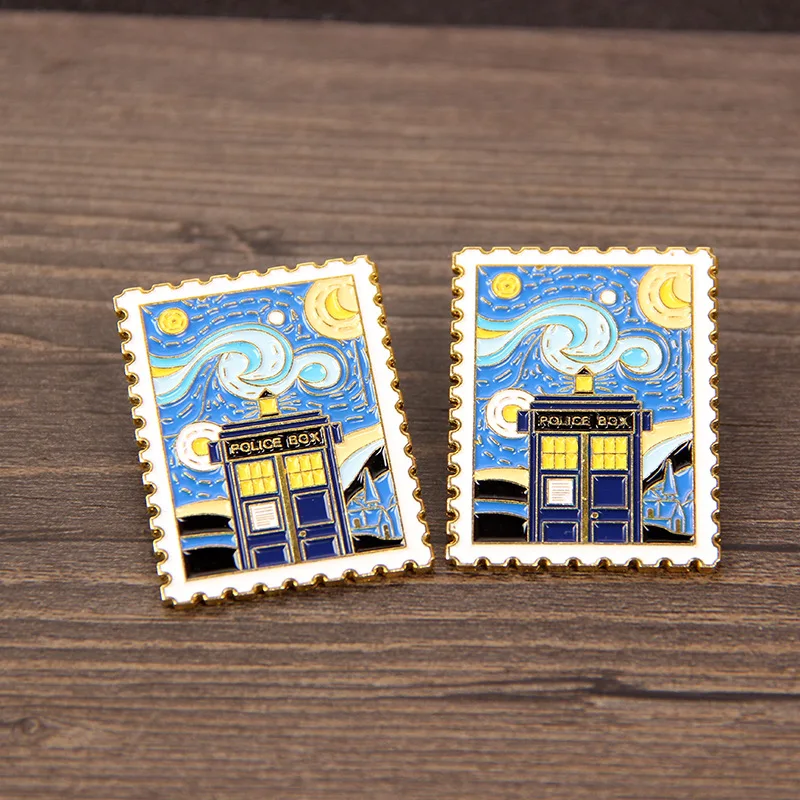 A time machine under the stars a Tardis stamp brooch a Van Gogh oil painting medallion