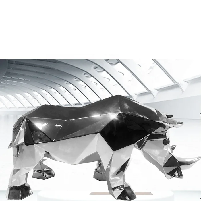 Large Mirror Polished Stainless Steel Geometric Rhino Sculpture