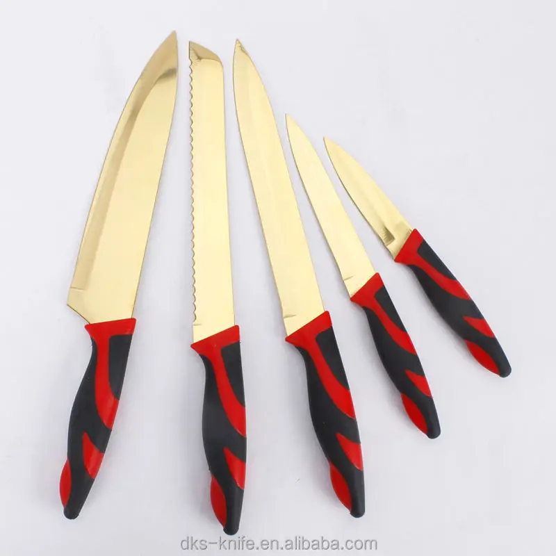 Gold Plated PP and TPR Soft Touch Handle 5pcs Cutlery Kitchen Knife Set Titanium Knife With Blister Card Packing