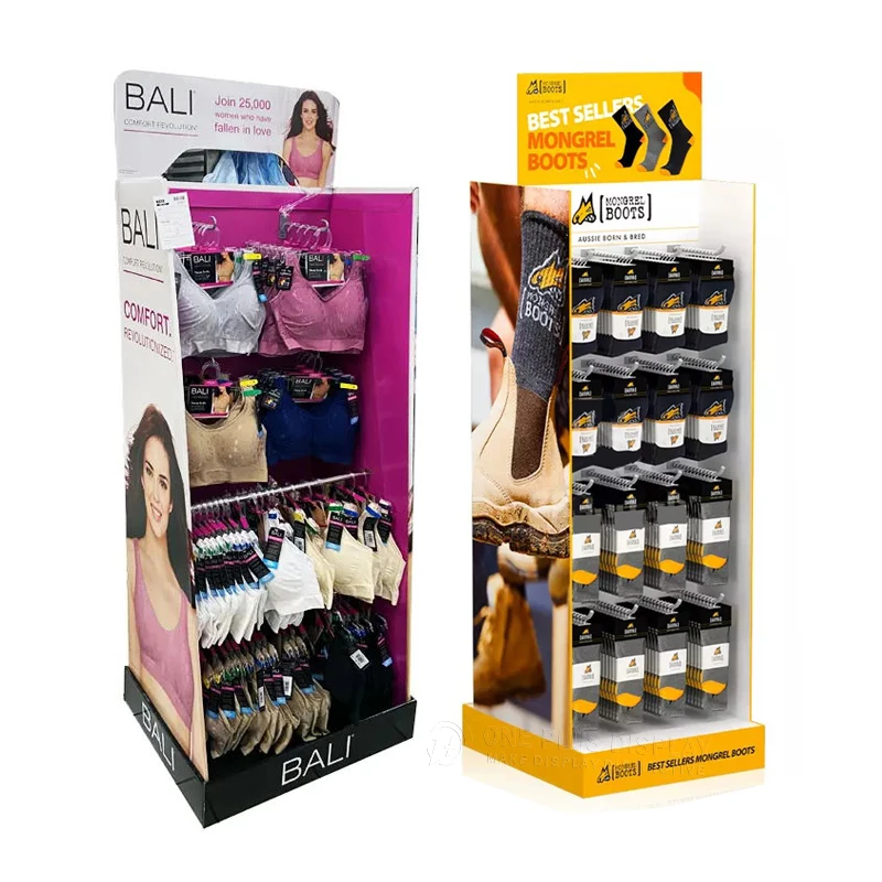 cardboard clothing display T-shirts cardboard rack sock display stand 4 tier point custom cardboard display of purchase bin
