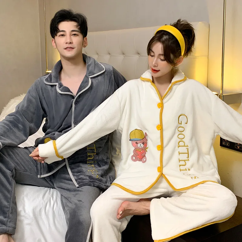Wholesale High Quality Cute Coral Fleece Couple Pajamas Set Winter Thick Flannel Warm Home Wear Sleepwear Pajamas For Woman Men
