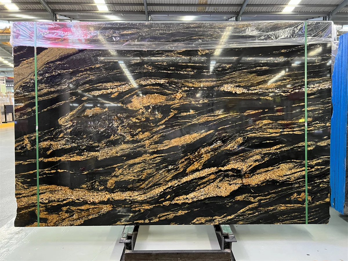 Luxury Brazil Black Juparana New Magma Gold Granite Slab For Interior Kitchen Countertop