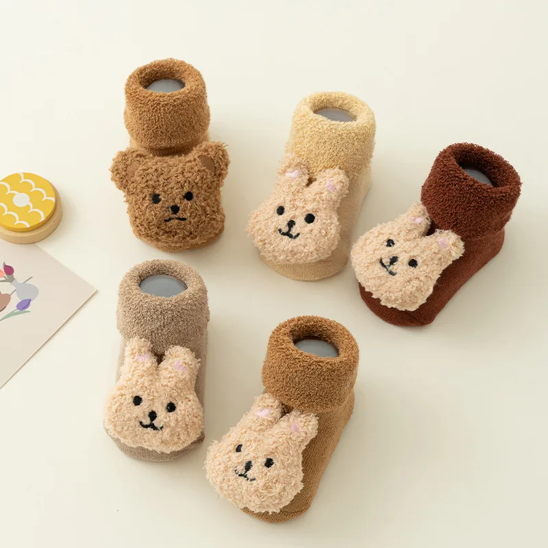 Wholesale Thick Terry baby socks 3D cartoon bear cotton breathable Anti-slip Baby Floor Socks floor grip toddler warm shoes