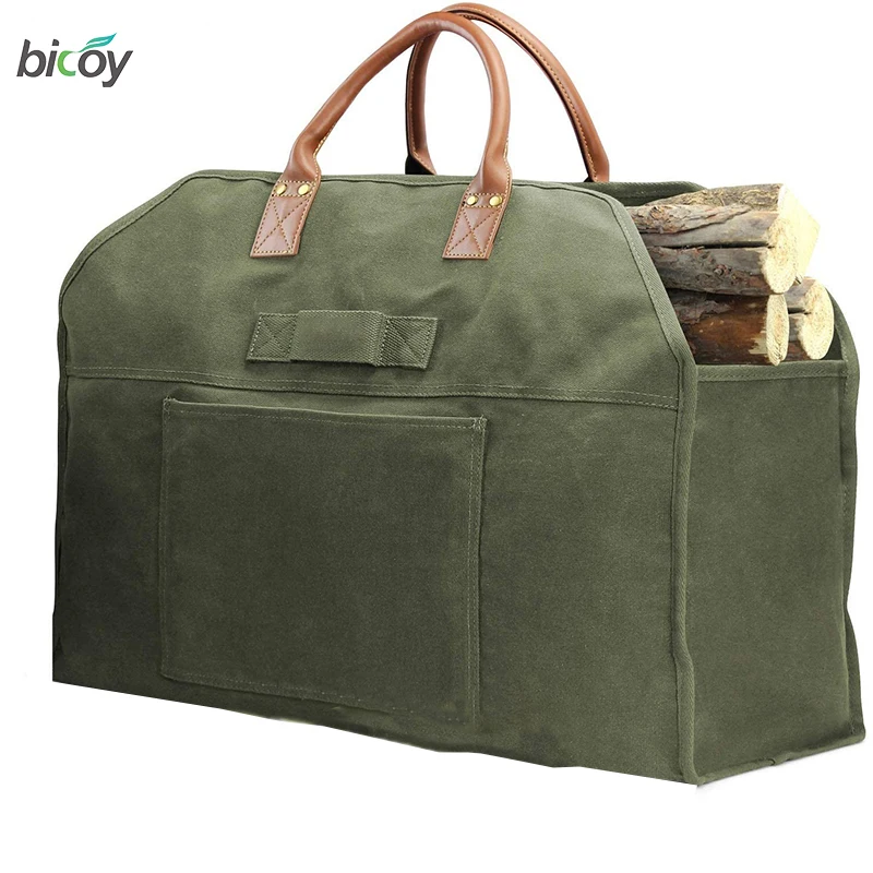 2024 Hot Sale Firewood Log Carrier Bag Waxed Canvas Tote Holder with Fireplace Pure Leather Set for Camping