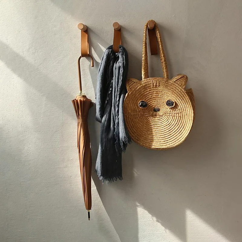 Diy Natural Wood+leather clothes Hanger Wall Mounted Coat Hook Decorative Holder Hat Scarf Handbag Storage Hanger Bathroom Rack