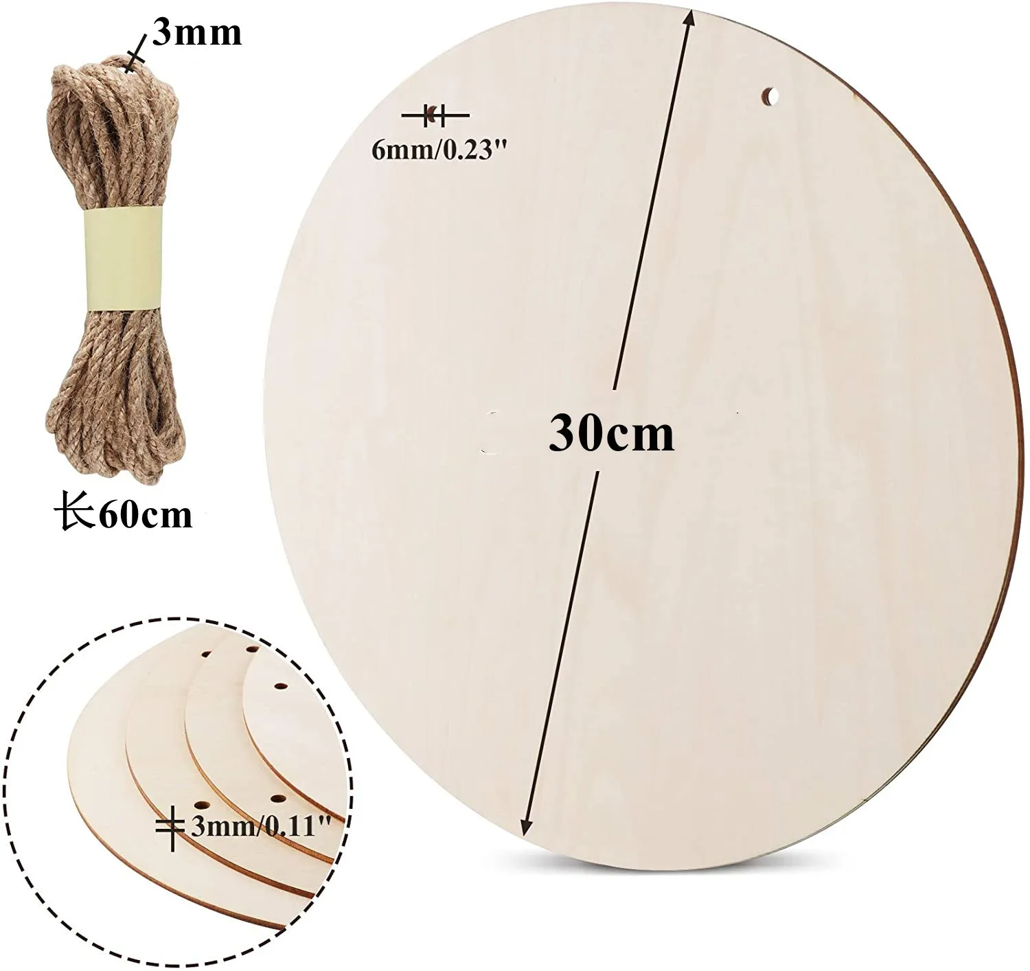 DIY Wooden Craft 30cm Round Hanging Wood Sign Blank Wooden Signs With Hole for Christmas Decoration