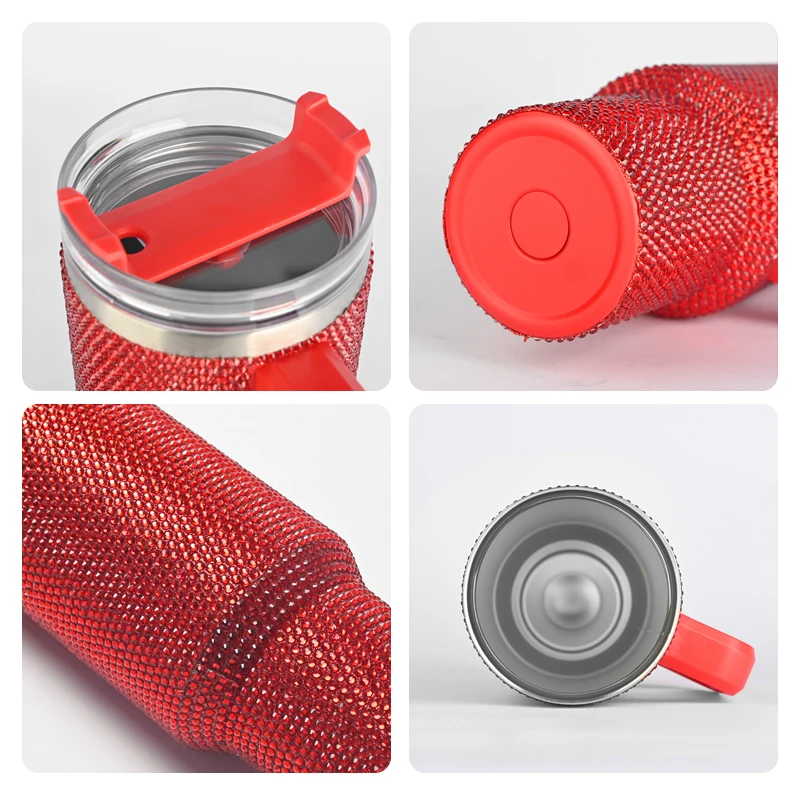 Yekea 304 Stainless Steel Double Wall Glitter Tumbler Water Bottle for Outdoor Travel Coffee Rhinestone Mug with lid Handle