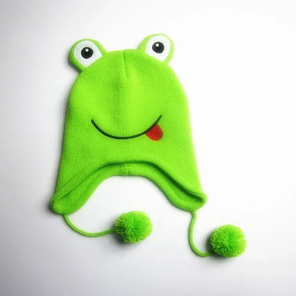 Okotex Certificate Eco-Friendly Kids Cute Green Frog Recycled Polyester Earflap Winter Hat Supplier