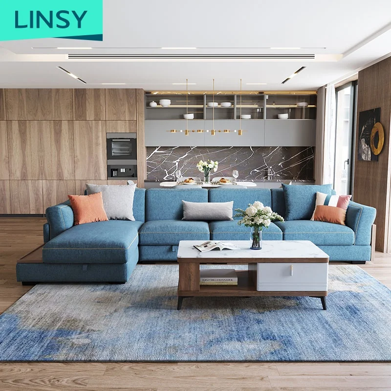 Linsy L Shape Sofa Cover Fabric Blue Grey Living Room Interior Home Furniture Corner Sectional Sofa Set With Storage Space 995