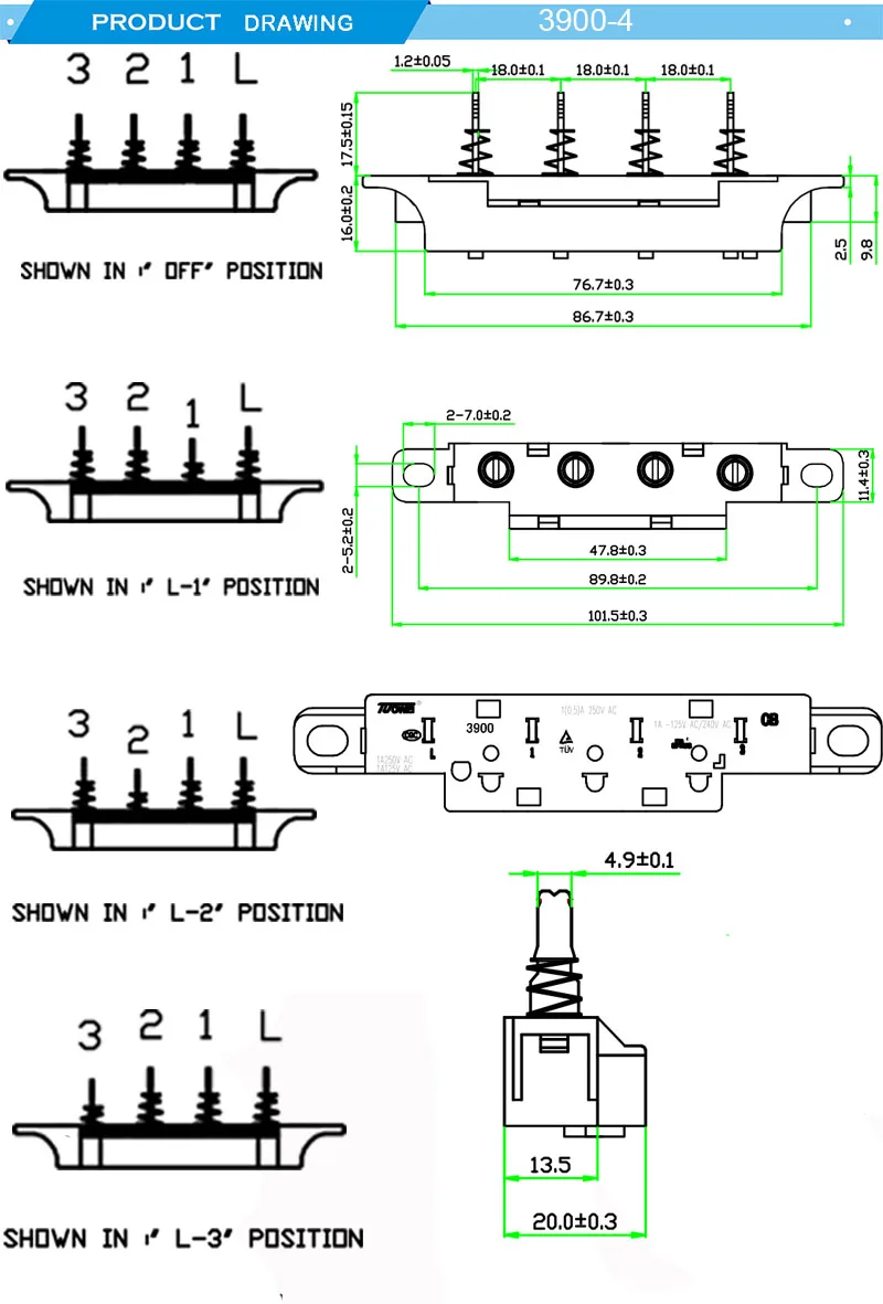 Towei 3900-4 interlocking push button switch supplier 1A~120V 1(0.5)A~250V 4 pin 3 speed keyboard switch for range hood