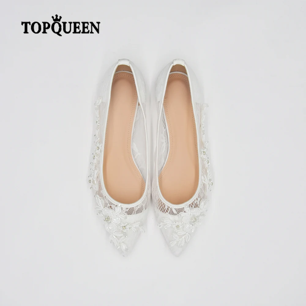 YouLaPan A40 Luxury Ladies Wedding Shoes White Beaded Lace Trim Mesh Sheer Summer Sandals Wedding Party Dress Flats
