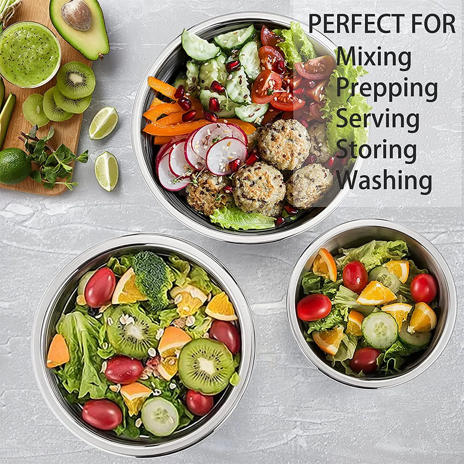Mixing and Serving Set of 5 Metal Salad Bowls Stainless Steel Kitchen Bowl Sets with Green Airtight Lids