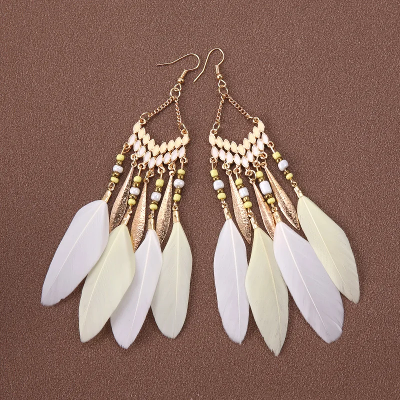 Ethnic Jewelry Colorful Enamel Seed Bead Dangle Earrings Long Tassel Feather Earrings for Women