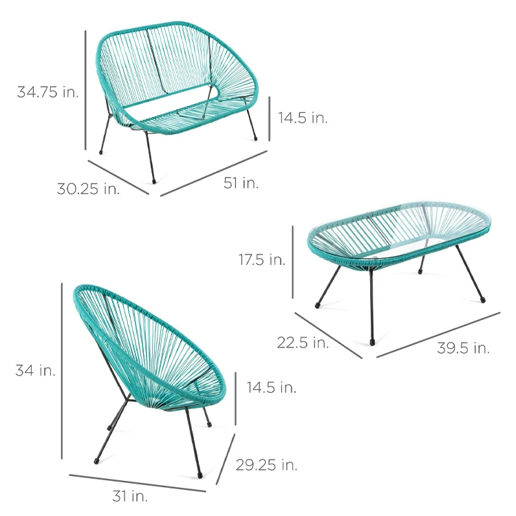 Outdoor Garden Patio Backyard 4 Piece Steel Frame Plastic Wicker Rope Acapulco Chair Set with Glass Top Table