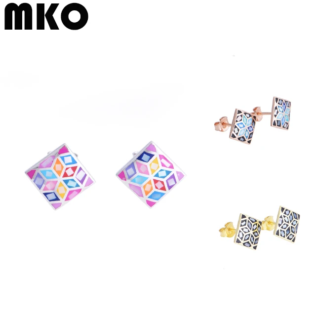 
China Manufactured Female Stud Earrings 2.7g 10*10mm Multi Color Square Shape Fashion Silver Earrings For Women 